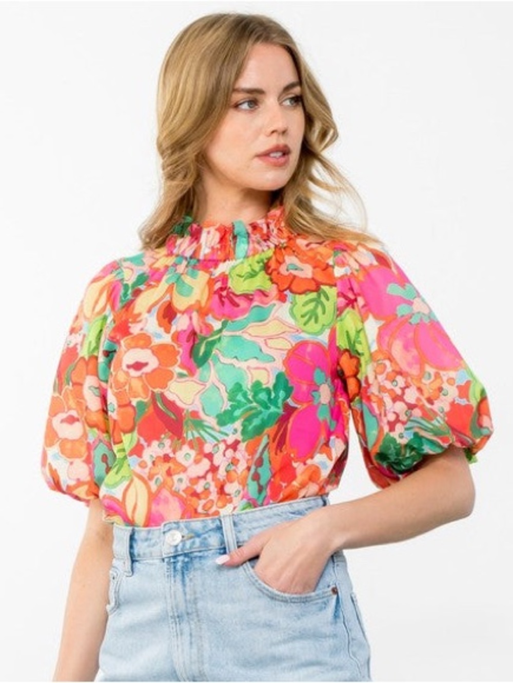 THML Women’s Sprout Of Spring Puff Sleeve Floral Blouse Top in Multicolor L - Picture 2 of 11